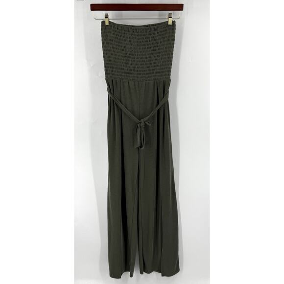 Daytrip One Piece Jumpsuit Sz M Olive Green Stretch Smocked Strapless Split Leg - Picture 4 of 10
